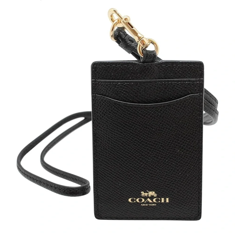 Coach ID Lanyard Badge Holder In Crossgrain Leather (Black/Gold) (new)